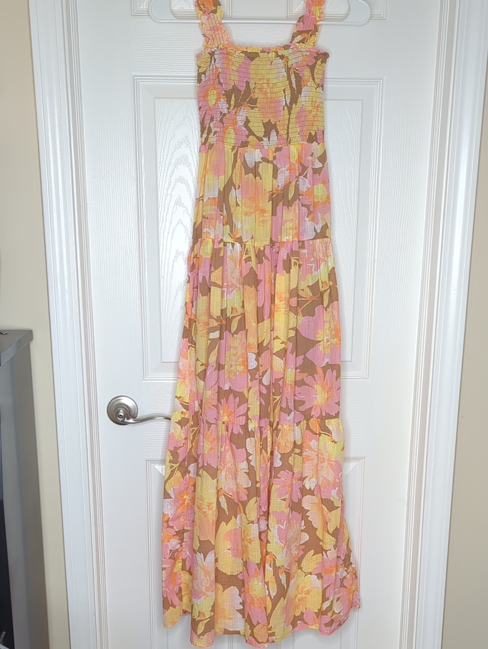 Billabong Feelin Fine Smocked Tiered Maxi Dress Yellow Pink Orange Brown Floral